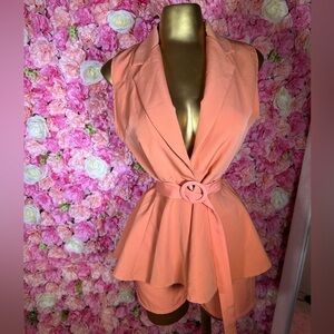 Orange Sleeveless Peplum Blazer and shorts set with Belt